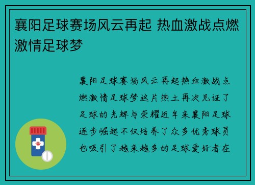 襄阳足球赛场风云再起 热血激战点燃激情足球梦