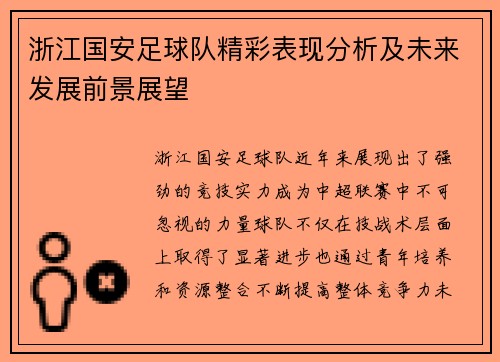 浙江国安足球队精彩表现分析及未来发展前景展望