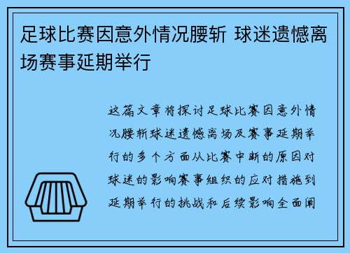 足球比赛因意外情况腰斩 球迷遗憾离场赛事延期举行