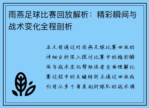 雨燕足球比赛回放解析：精彩瞬间与战术变化全程剖析