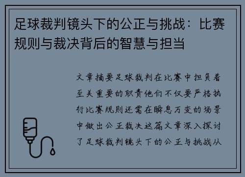 足球裁判镜头下的公正与挑战：比赛规则与裁决背后的智慧与担当