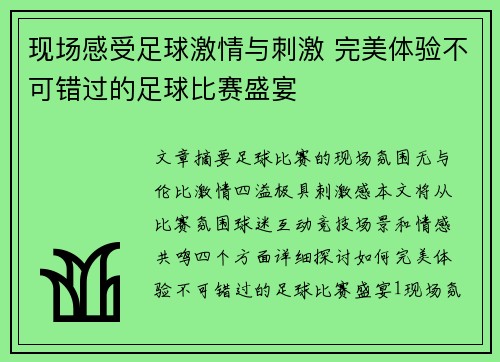 现场感受足球激情与刺激 完美体验不可错过的足球比赛盛宴