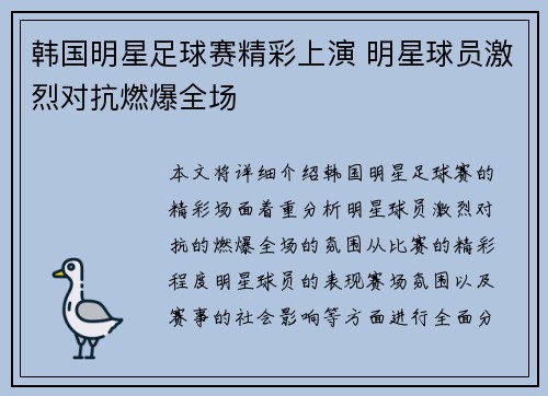 韩国明星足球赛精彩上演 明星球员激烈对抗燃爆全场