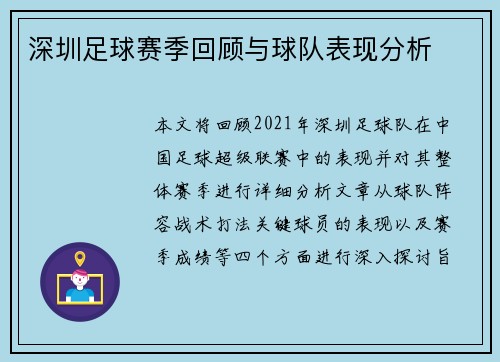 深圳足球赛季回顾与球队表现分析