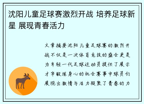 沈阳儿童足球赛激烈开战 培养足球新星 展现青春活力
