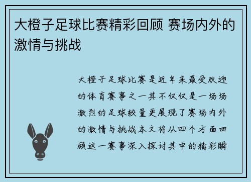大橙子足球比赛精彩回顾 赛场内外的激情与挑战