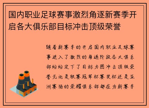 国内职业足球赛事激烈角逐新赛季开启各大俱乐部目标冲击顶级荣誉