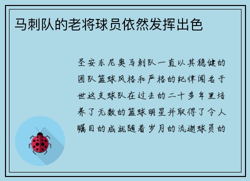 马刺队的老将球员依然发挥出色