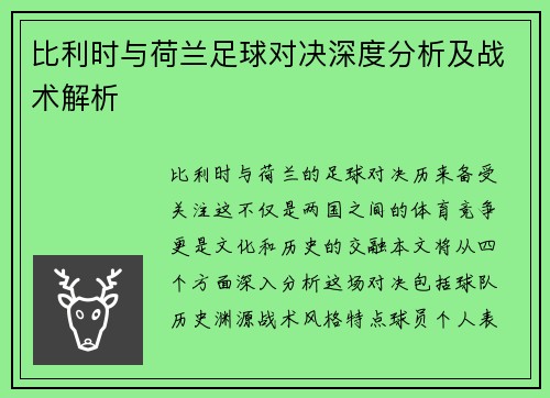 比利时与荷兰足球对决深度分析及战术解析