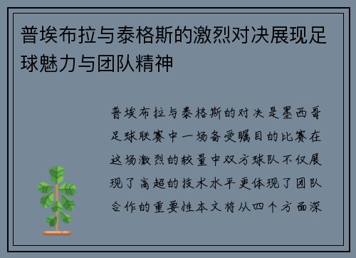 普埃布拉与泰格斯的激烈对决展现足球魅力与团队精神