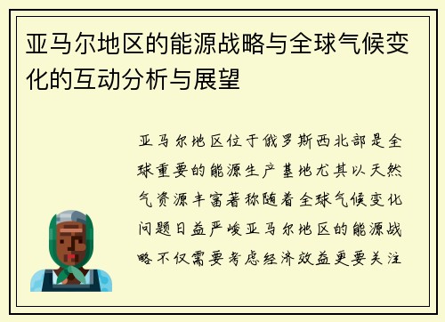 亚马尔地区的能源战略与全球气候变化的互动分析与展望