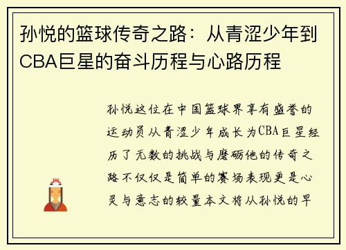 孙悦的篮球传奇之路：从青涩少年到CBA巨星的奋斗历程与心路历程
