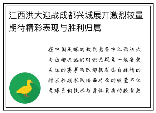 江西洪大迎战成都兴城展开激烈较量期待精彩表现与胜利归属