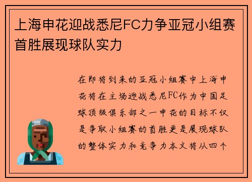 上海申花迎战悉尼FC力争亚冠小组赛首胜展现球队实力