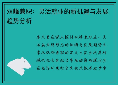 双峰兼职：灵活就业的新机遇与发展趋势分析