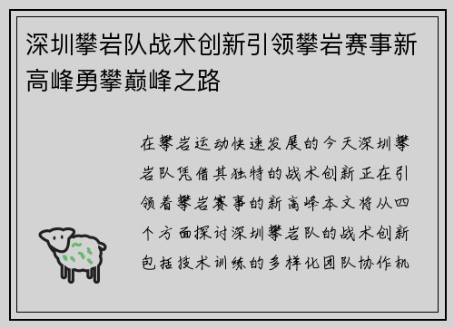 深圳攀岩队战术创新引领攀岩赛事新高峰勇攀巅峰之路