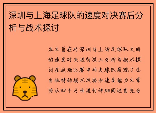 深圳与上海足球队的速度对决赛后分析与战术探讨